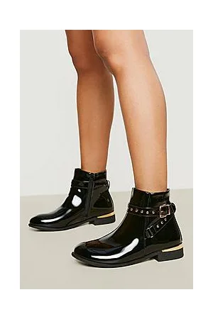 Boohoo Wide Fit Buckle And Stud Detail Patent Chelsea Boot