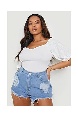Boohoo Plus Broderie Puff Sleeve Bodysuit