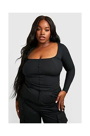 Boohoo Plus Rib Long Sleeve Corset Top