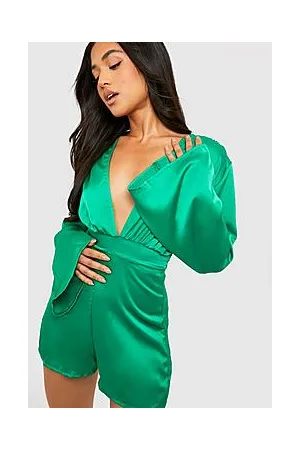 Boohoo Petite Satin Flare Sleeve Open Back Playsuit