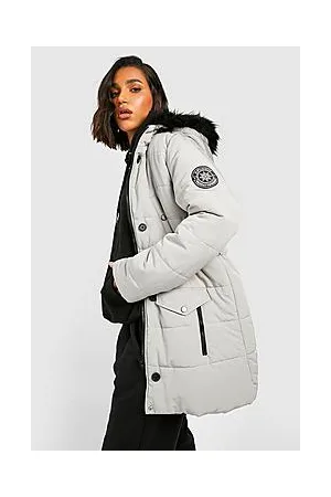 Boohoo Faux Fur Trim Badge Detail Parka