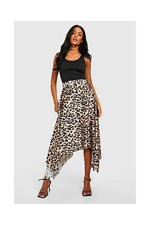 Boohoo Tall Satin Leopard Print Hanky Hem Midi Skirt