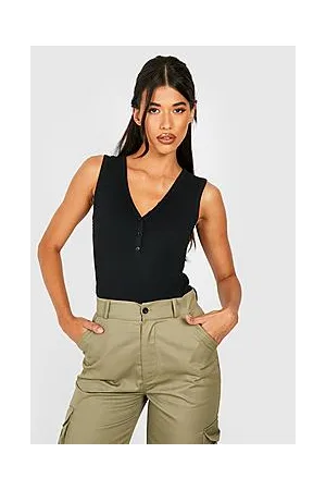 Boohoo Tall Notch Neck Button Front Rib Bodysuit