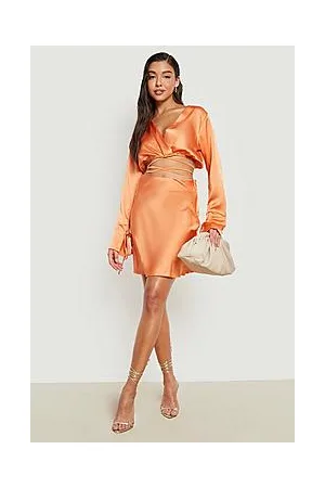 Boohoo Satin Flared Sleeve Crop & Mini Skirt