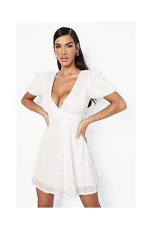 Boohoo Sequin Puff Sleeve Skater Party Dress