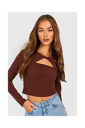 Boohoo Ripple Rib Twist Front Long Sleeve Crop Top