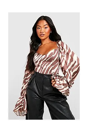 Boohoo Petite Satin Zebra Print Puff Sleeve Bodysuit
