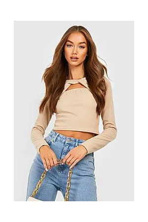 Boohoo Ripple Rib Twist Front Long Sleeve Crop Top