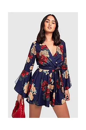 Boohoo Floral Flared Sleeve Tie Waist Playsuit