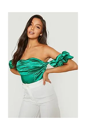 Boohoo Bardot Ruched Satin Bodysuit