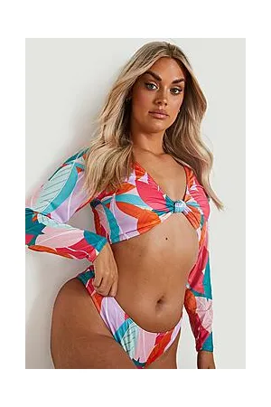Boohoo Plus Tropical Knot Long Sleeve Bikini Set