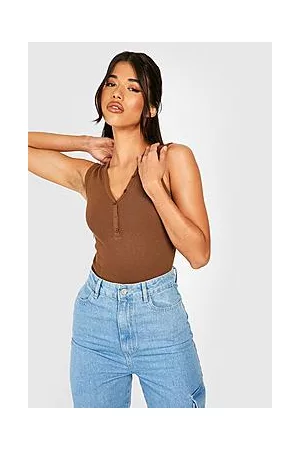 Boohoo Tall Notch Neck Button Front Rib Bodysuit