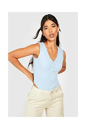 Boohoo Tall Notch Neck Button Front Rib Bodysuit