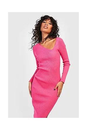 Boohoo Rib Knit Midi Dress With Asymmetric Neckline