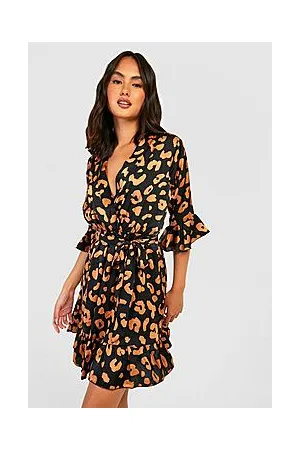 Boohoo Satin Leopard Print Ruffle Skater Dress