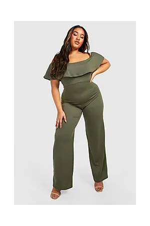 Boohoo Plus Off Shoulder Ruffle Wide Leg Jumpsuit