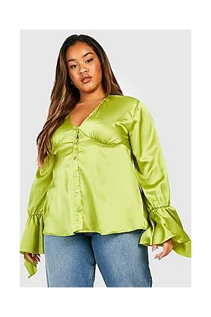 Boohoo Plus Satin Button Through Flare Sleeve Blouse