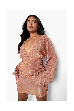 Boohoo Plus Glitter Plunge Puff Sleeve Mini Dress
