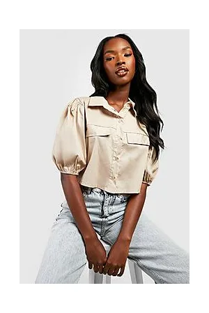 Boohoo Cropped Double Pocket Puff Sleeve Shirt