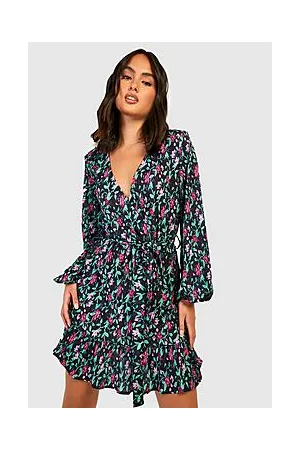 Boohoo Floral Plisse Wrap Ruffle Dress
