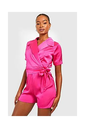 Boohoo Tall Satin Revere Collar Tie Waist Playsuit