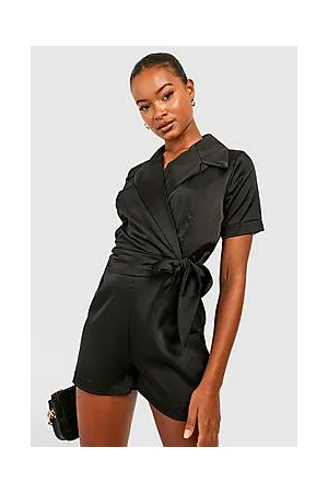 Boohoo Tall Satin Revere Collar Tie Waist Playsuit