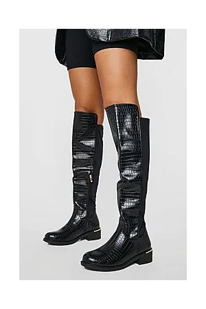Boohoo Wide Fit Knee High Croc Panel Boots