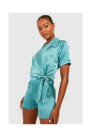Boohoo Tall Satin Revere Collar Tie Waist Playsuit