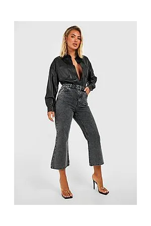 Boohoo High Waisted Button Front Kick Flared Jeans