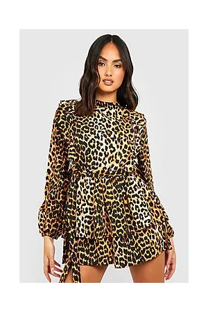 Boohoo Long Sleeve Animal Print Woven Playsuit