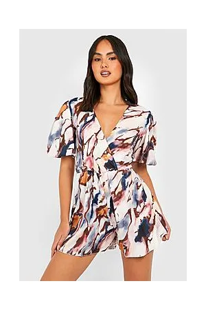 Boohoo Woven Abstract Flare Sleeve Playsuit