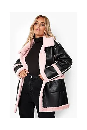 Boohoo Plus Pink Faux Fur Trim Longline Aviator Jacket