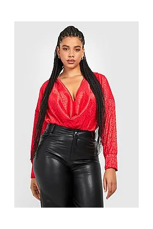 Boohoo Plus Cowl Neck Leopard Satin Bodysuit