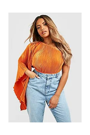 Boohoo Plus Flare Sleeve Satin Plisse Bodysuit