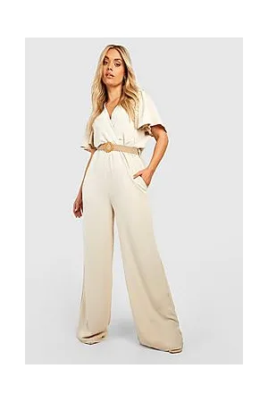 Boohoo Plus Raffia Belted Angel Sleeve Jumpsuit