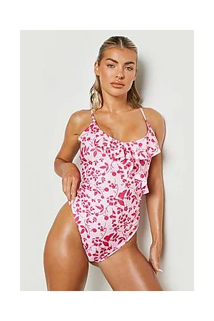 Boohoo Floral Strappy Frill Plunge Swimsuit
