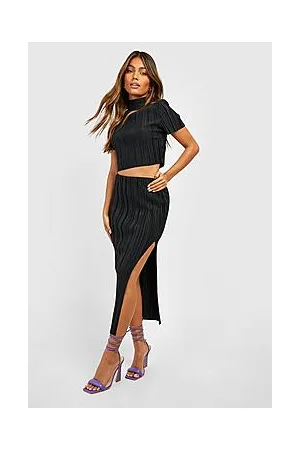 Boohoo Plisse High Neck Crop & Split Maxi Skirt