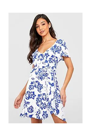 Boohoo Porcelain Wrap Front Ruffle Tea Dress