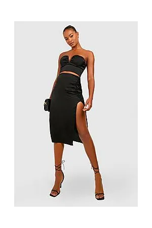 Boohoo Tall Satin Ruched Front Slit Midi Skirt