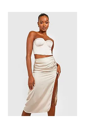 Boohoo Tall Satin Ruched Front Slit Midi Skirt