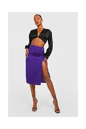 Boohoo Tall Satin Ruched Front Slit Midi Skirt
