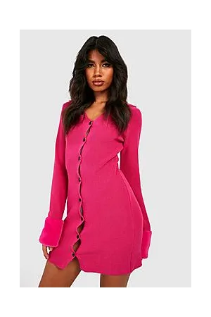 Boohoo Faux Fur Trim Rib Knit Collared Dress