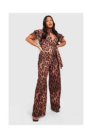 Boohoo Plus Leopard Print Key Hole Wide Leg Jumpsuit