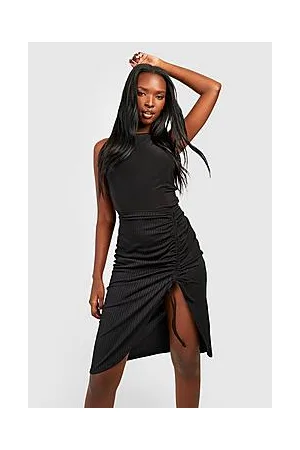 Boohoo Soft Rib Ruched Split Midi Skirt