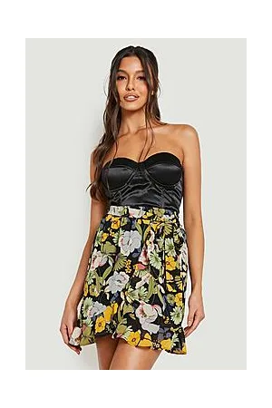 Boohoo Floral Belted Skater Skirt