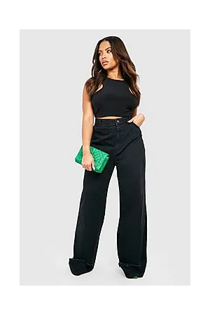 Boohoo Plus High Waisted Ripped Hem Wide Leg Jeans
