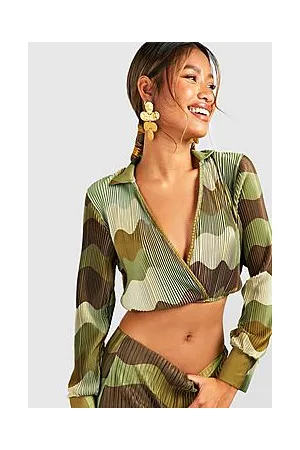 Boohoo Plisse Marble Print Wrap Front Shirt