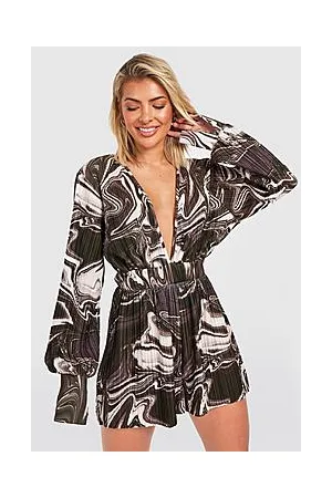 Boohoo Marble Plisse Volume Sleeve Playsuit