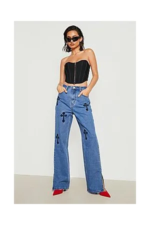 Boohoo Embroidered Split Hem Boyfriend Jeans