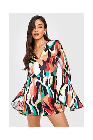 Boohoo Abstract Print Flare Sleeve Playsuit